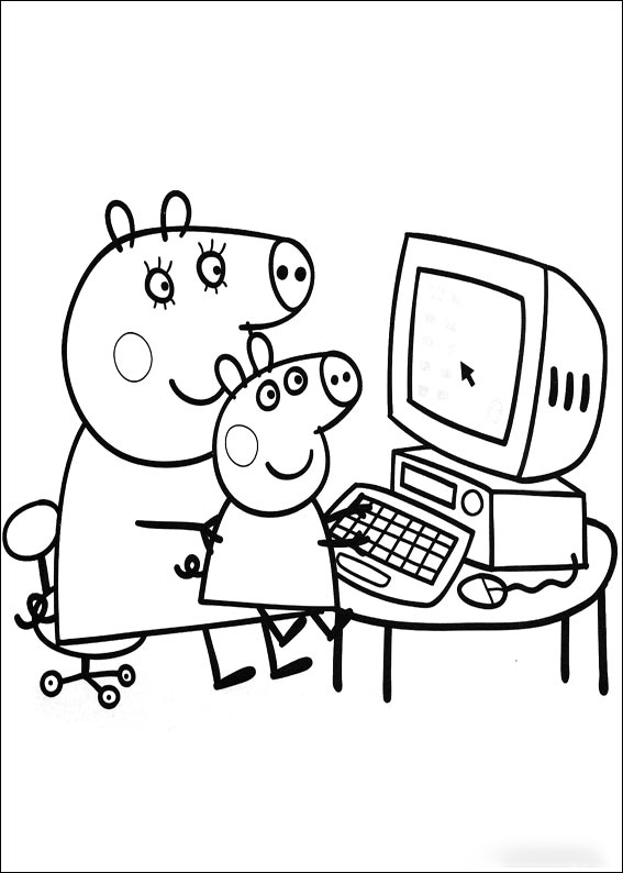 Mama Pig y Peppa en el ordenador haciendo los deberes y aprendiendo