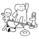 Personajes de Pocoyo , Pato , Lula , Pajaroto y Pato jugando en el columpio para pintar y colorear