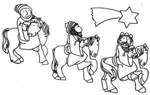 Los Reyes Magos montados a caballo siguiendo la estrella de Oriente para imprimir y pintar