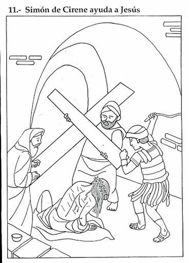Dibujo de Simón de Cirene ayudando a Jesús con la cruz - Dibujo para colorear los niños y niñas