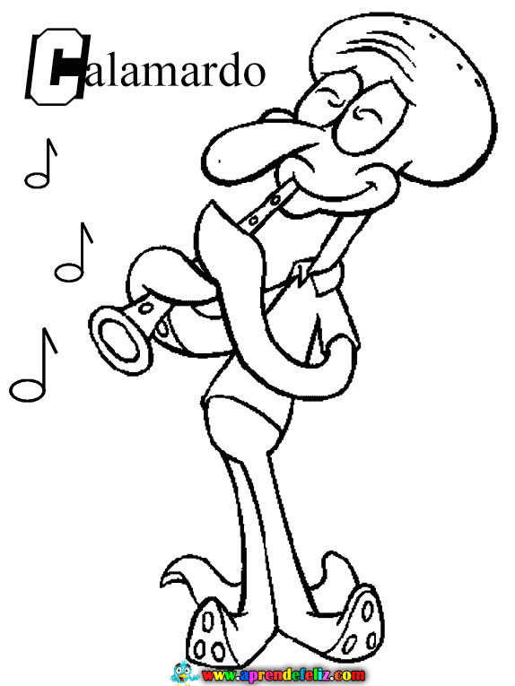 Dibujos gratis de Bob Esponja para colorear , imprime y colorea a Calamardo tocando el saxofón