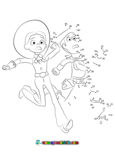 Dibuja los personajes de Toy Story conectando los puntos, en este dibujo Woody y Jessie tienen miedo