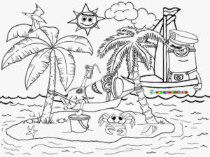 Dibujo de los Minios en la playa para pintar y colorear