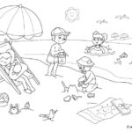 Pinta y colorea este dibujo de niños jugando y divirtiendose en vacaciones en la playa
