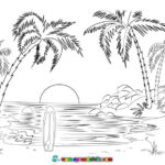 Puesta de sol en playa paradisiaca para colorear